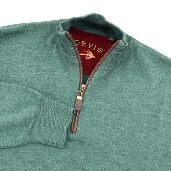Orvis Other - Orvis Mens L Green 100% Merino Wool Quarter Zip Sweater Leather Trim RN70534